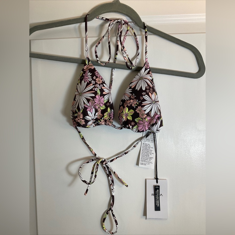 RVCA Womens Bikini Top NWT Size Large L 12 Lemonade Halter Slide Triangle Brown